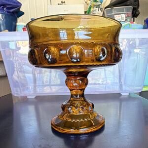 Vintage Amber Glass Pedestal Compote Bowl, Round Thumbprint Pattern Decorative
